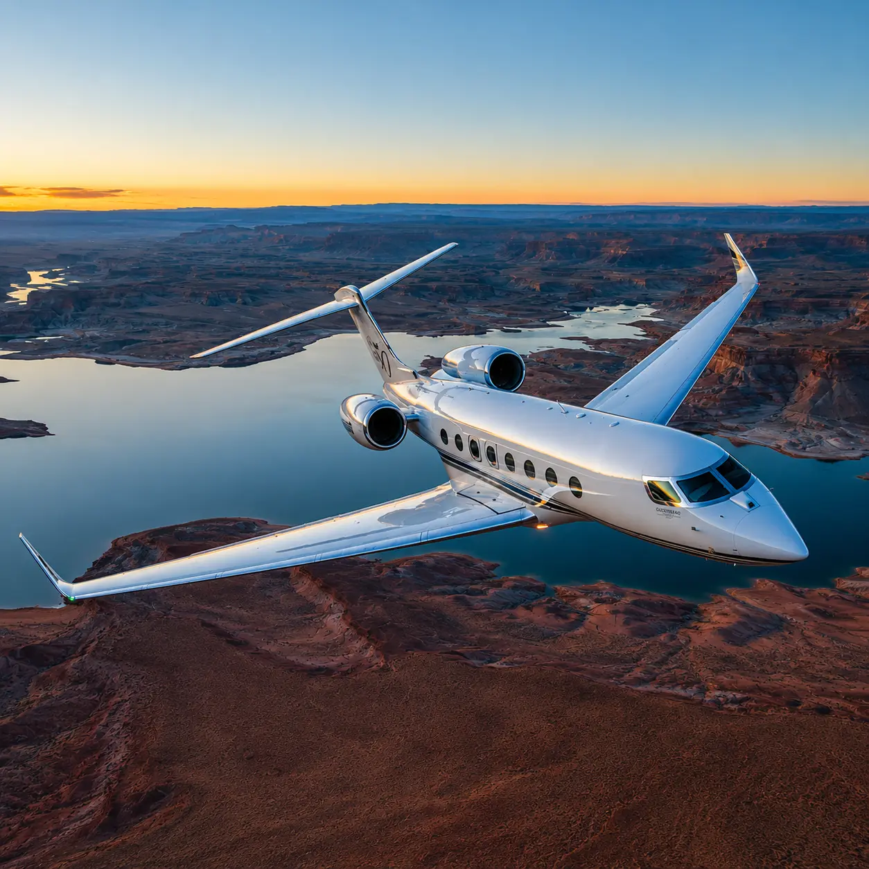 Private jet above clouds